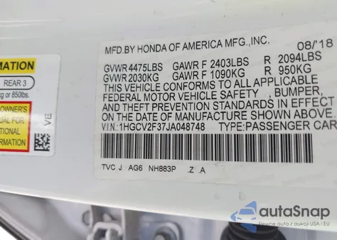 2018 Honda Accord Sport 2.0T from USA, damaged, VIN 1HGCV2F37JA048748